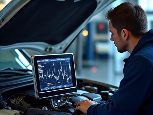 Mechanic checking engine diagnostics